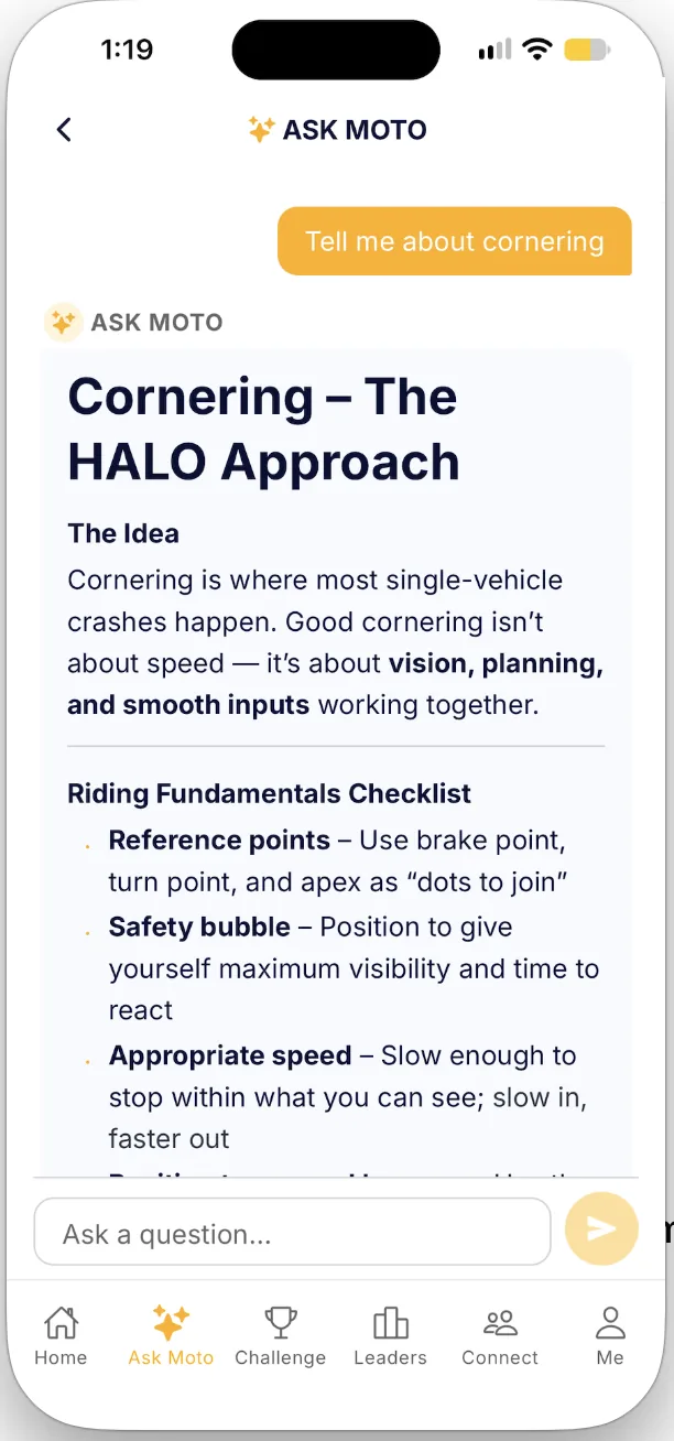 Ask Moto answering a riding question about cornering technique