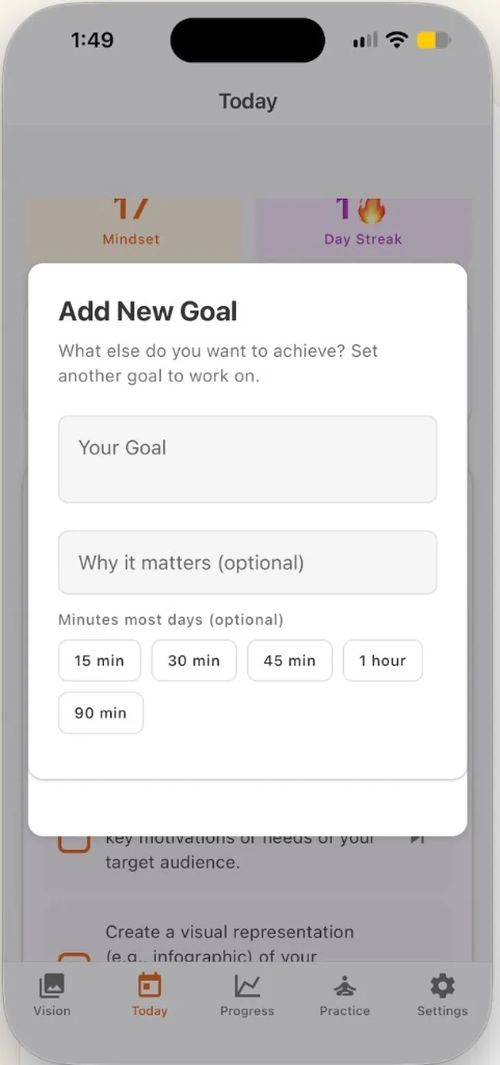 Add New Goal screen, with a goal, why it matters, and time available