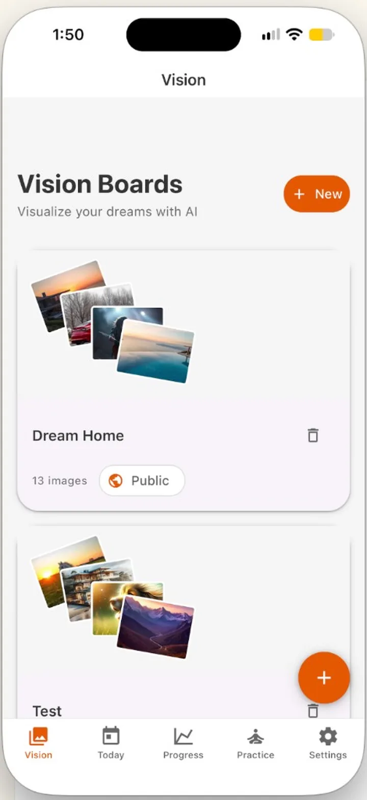 Vision Boards library, showing Dream Home and Test